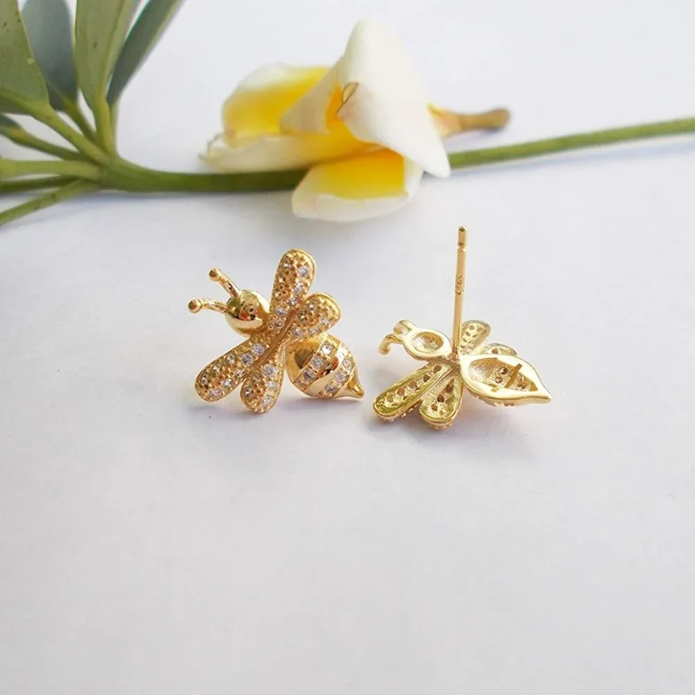 14k Gold Queen Bee Diamonds Stud Earrings Sterling Silver - Picture 2 of 12